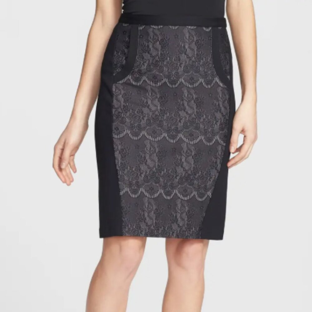 Halogen Black Stretch Knit Lace & Ponte Colorblock Panels Pencil Skirt 4 Petite
